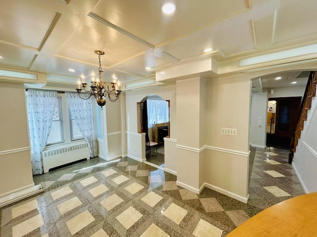 interior space with coffered ceiling, recessed lighting, arched walkways, radiator, and baseboards