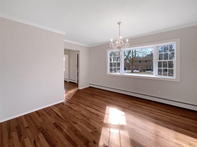 1 Charter Ln, Smithtown, NY 11787 - unfurnished dining area featuring baseboard heating, crown molding, baseboards, and wood finished floors
