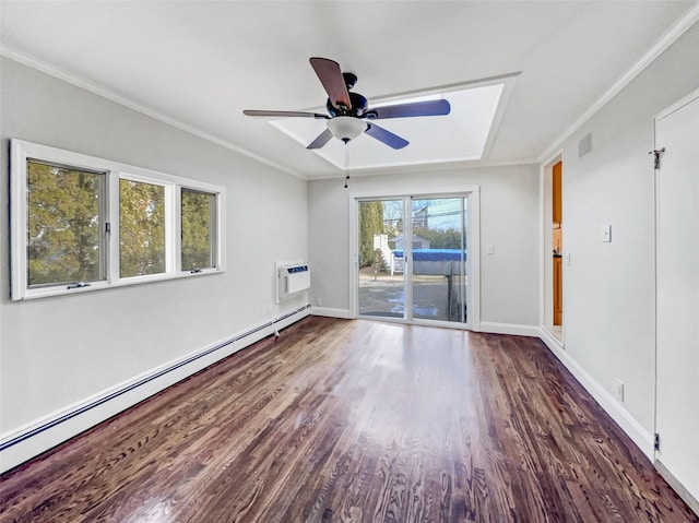 1 Charter Ln, Smithtown, NY 11787 - unfurnished living room with a ceiling fan, wood finished floors, baseboards, ornamental molding, and baseboard heating