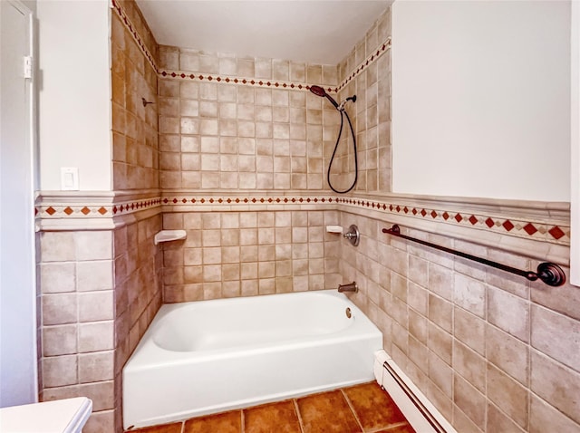 1 Charter Ln, Smithtown, NY 11787 - bathroom featuring a wainscoted wall, baseboard heating, tile walls, and shower / tub combination