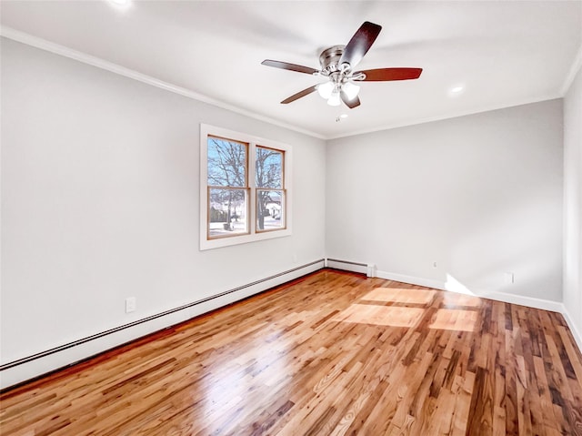 1 Charter Ln, Smithtown, NY 11787 - empty room featuring a baseboard heating unit, baseboards, ceiling fan, ornamental molding, and wood finished floors