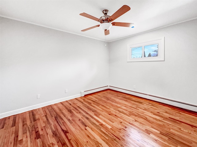 1 Charter Ln, Smithtown, NY 11787 - unfurnished room featuring light wood-style flooring, a ceiling fan, crown molding, a baseboard radiator, and baseboards