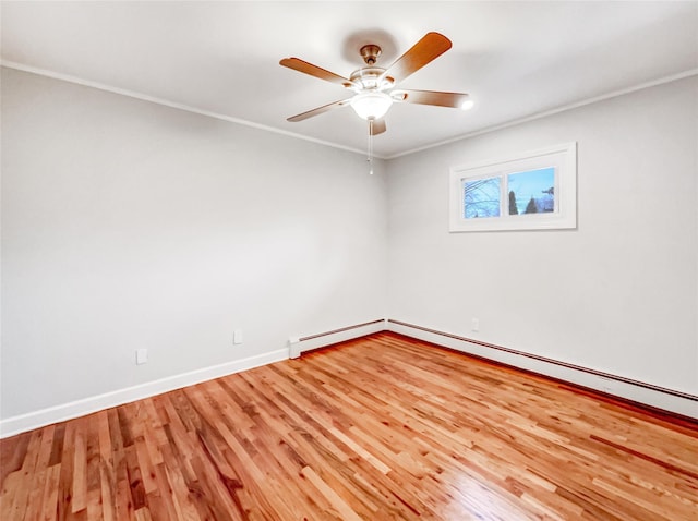 1 Charter Ln, Smithtown, NY 11787 - unfurnished room with light wood-type flooring, ornamental molding, a ceiling fan, a baseboard heating unit, and baseboards