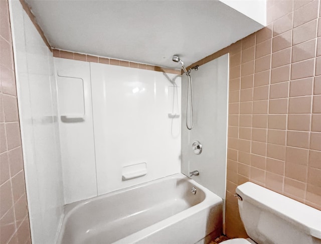1 Charter Ln, Smithtown, NY 11787 - bathroom featuring toilet, tile walls, and bathtub / shower combination