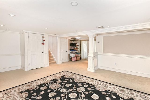 interior space with crown molding, baseboards, stairs, light carpet, and recessed lighting