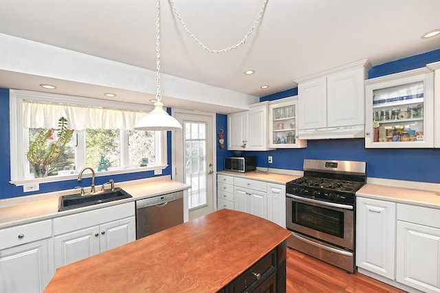 kitchen with under cabinet range hood, appliances with stainless steel finishes, light countertops, and a sink