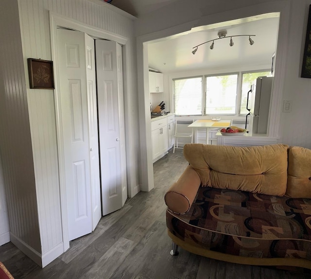 kitchen with white cabinetry, light countertops, wood finished floors, and freestanding refrigerator