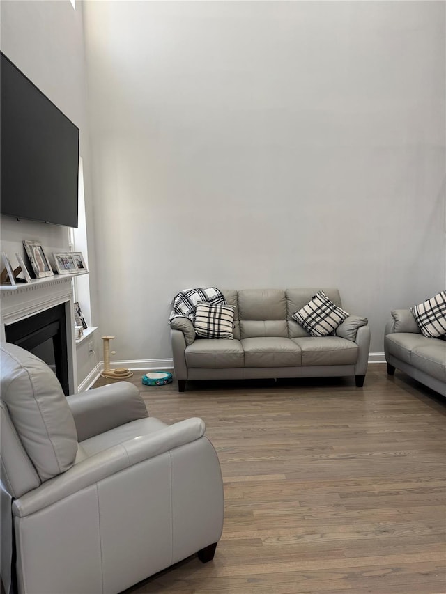 living room featuring a glass covered fireplace, baseboards, and light wood-style flooring