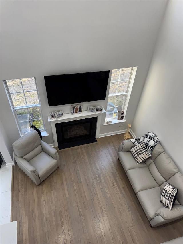 living area with a glass covered fireplace, wood finished floors, and baseboards