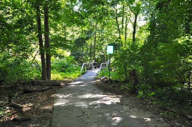 view of road with a wooded view