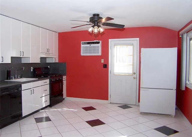 kitchen with black appliances, a ceiling fan, a sink, under cabinet range hood, and white cabinetry