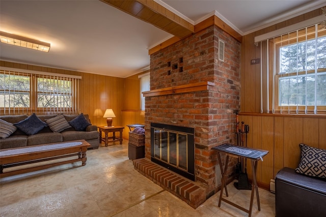 living area with plenty of natural light, wooden walls, and a fireplace