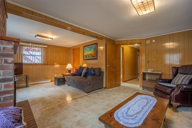 living area featuring a baseboard radiator, wooden walls, and ornamental molding