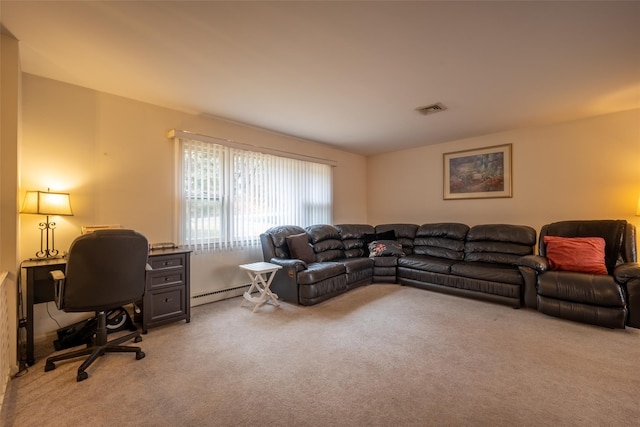 living area featuring visible vents, a baseboard heating unit, and carpet floors