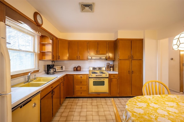 kitchen featuring a sink, light countertops, electric stove, under cabinet range hood, and dishwasher