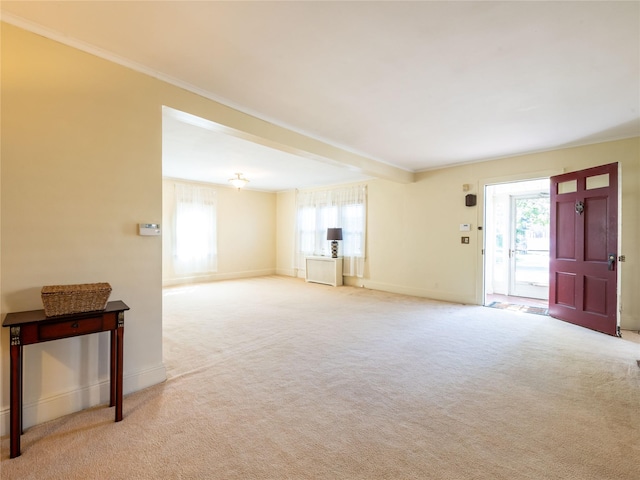 679 Saint Lukes Pl, Baldwin, NY 11510 - unfurnished living room featuring carpet, baseboards, and ornamental molding
