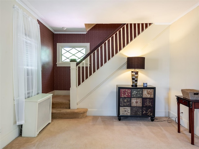 679 Saint Lukes Pl, Baldwin, NY 11510 - stairway featuring wallpapered walls, carpet flooring, ornamental molding, and baseboards