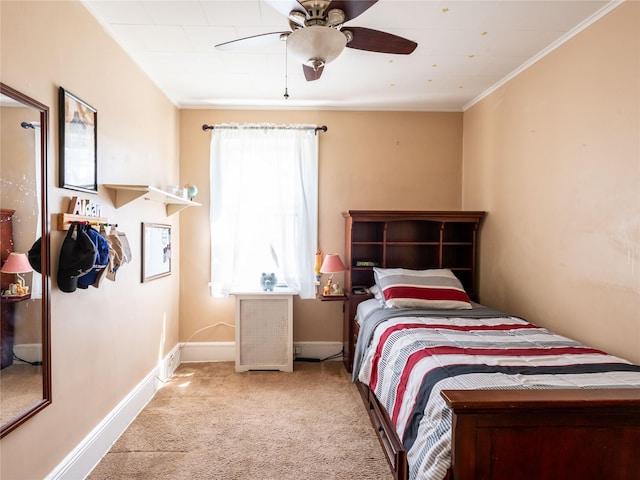 679 Saint Lukes Pl, Baldwin, NY 11510 - bedroom with carpet floors, crown molding, ceiling fan, radiator heating unit, and baseboards