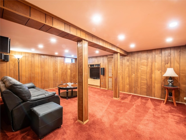 679 Saint Lukes Pl, Baldwin, NY 11510 - living room featuring carpet floors, wooden walls, and recessed lighting