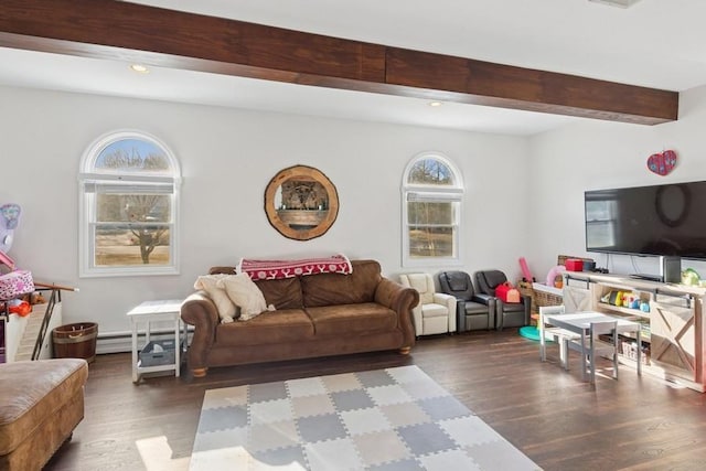 living area featuring beam ceiling, recessed lighting, wood finished floors, and a baseboard radiator