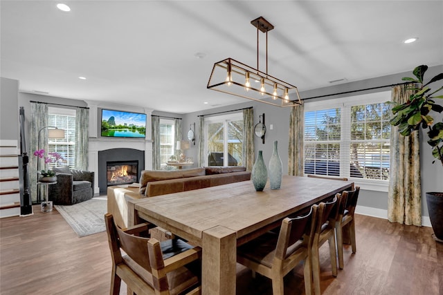 dining area featuring a glass covered fireplace, wood finished floors, and a healthy amount of sunlight