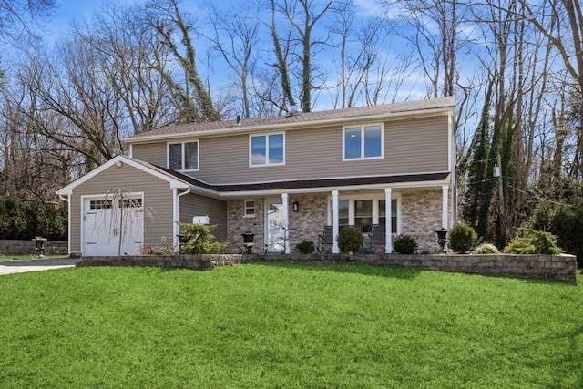 view of front facade featuring stone siding, covered porch, an attached garage, and a front lawn