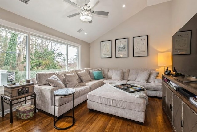 living area with visible vents, dark wood finished floors, recessed lighting, ceiling fan, and vaulted ceiling