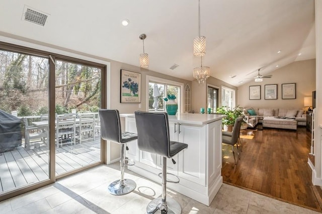 kitchen featuring visible vents, lofted ceiling, plenty of natural light, and light countertops