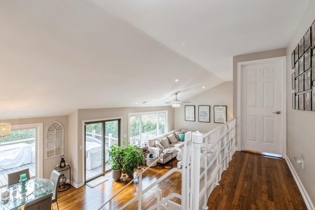 foyer entrance featuring baseboards, dark wood-type flooring, and lofted ceiling