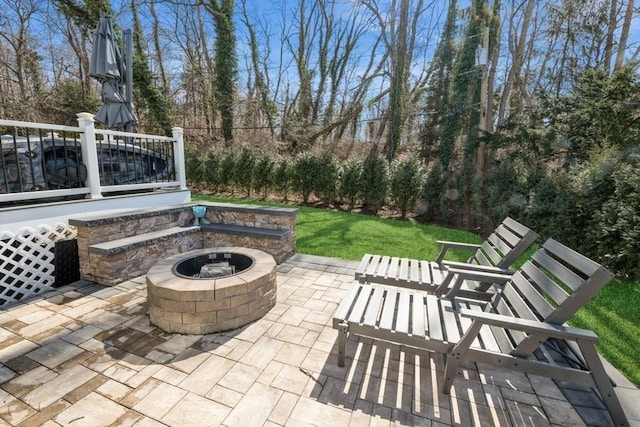 view of patio / terrace with a fire pit