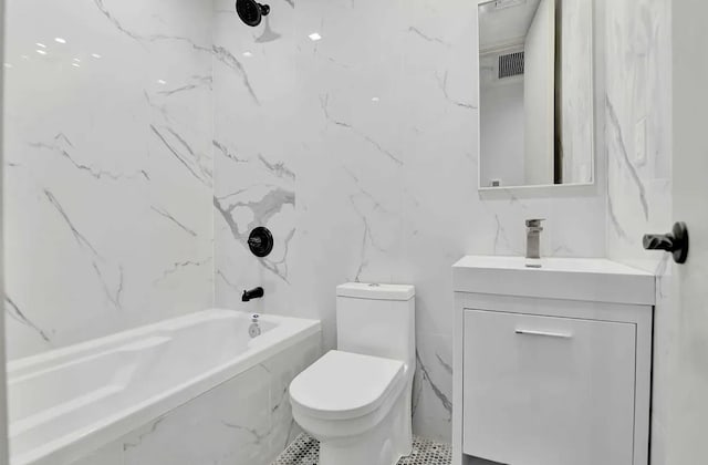 full bath with vanity, visible vents, shower / bathing tub combination, toilet, and tile walls