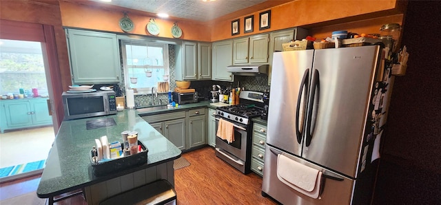 kitchen with a sink, decorative backsplash, wood finished floors, under cabinet range hood, and appliances with stainless steel finishes