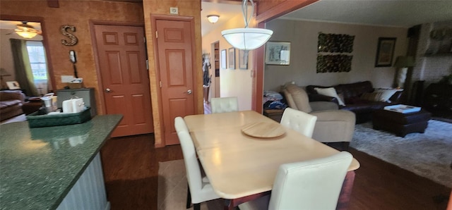dining room with a ceiling fan and dark wood-type flooring