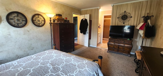 carpeted bedroom with ornamental molding