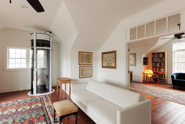 26 Curry Ln, Hyde Park, NY 12538 - living area featuring ceiling fan, wood finished floors, lofted ceiling, and baseboards
