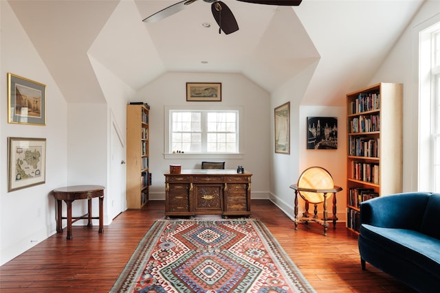 26 Curry Ln, Hyde Park, NY 12538 - living area featuring a ceiling fan, hardwood / wood-style floors, vaulted ceiling, and baseboards