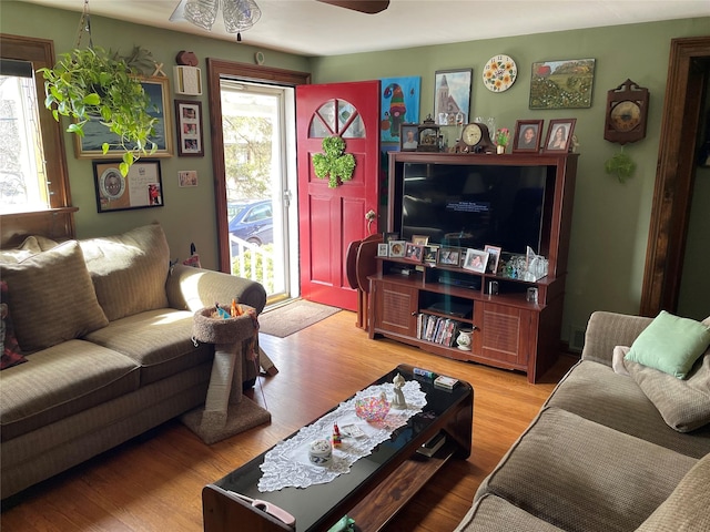 living area with plenty of natural light, light wood-style floors, and ceiling fan