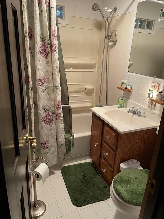 full bathroom with toilet, shower / tub combo, tile patterned flooring, decorative backsplash, and vanity