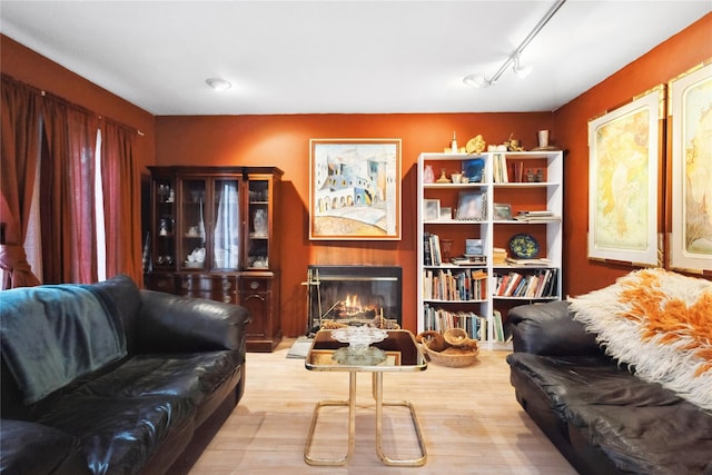 living area with wood finished floors and a glass covered fireplace