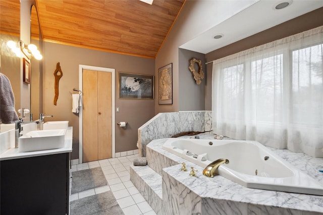 bathroom with a jetted tub, wood ceiling, double vanity, tile patterned floors, and lofted ceiling