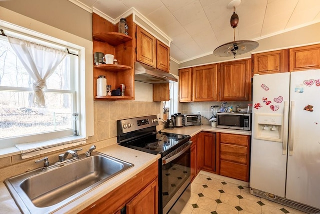 kitchen featuring open shelves, ornamental molding, a sink, under cabinet range hood, and appliances with stainless steel finishes