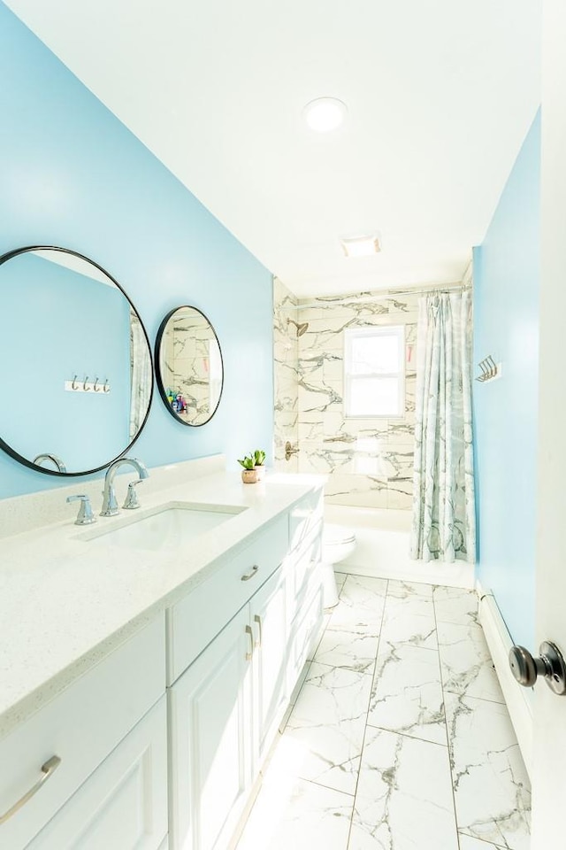 bathroom with marble finish floor, vanity, shower / tub combo with curtain, and toilet