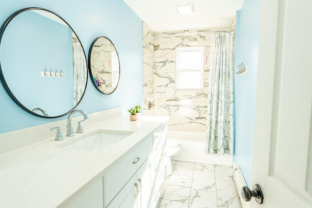 bathroom with toilet, marble finish floor, vanity, and shower / bath combination with curtain