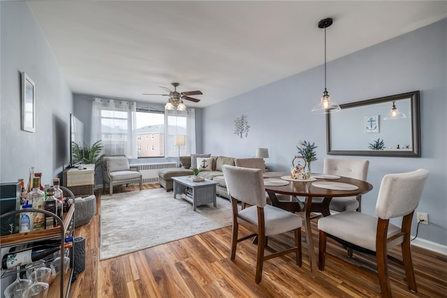 dining space with radiator, wood finished floors, and a ceiling fan