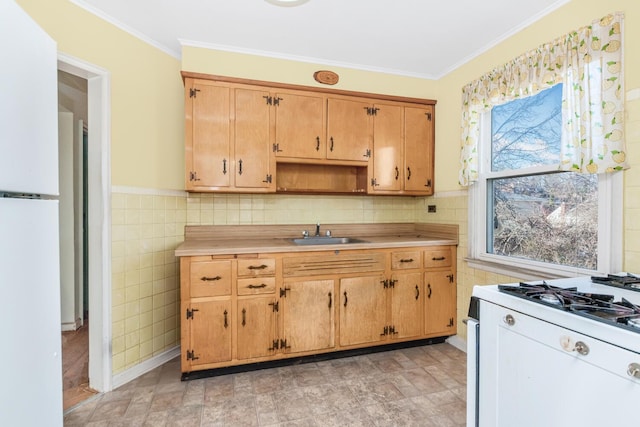 kitchen with ornamental molding, tile walls, light countertops, and a sink