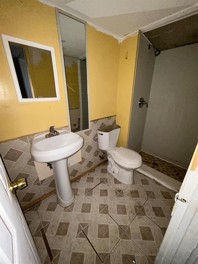 bathroom with toilet, a stall shower, and a sink