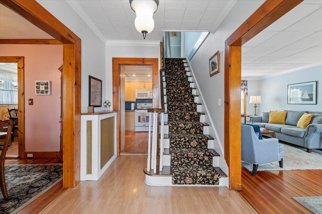 stairway with ornamental molding and wood finished floors