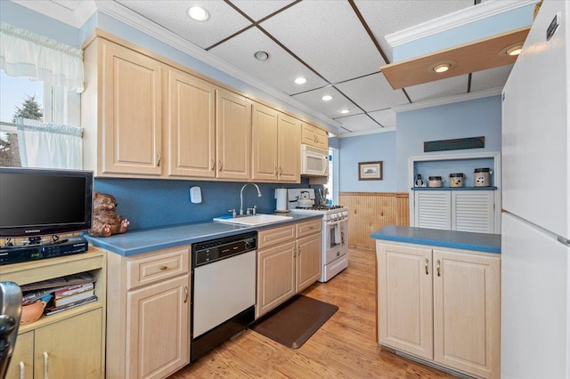 kitchen with white appliances, light brown cabinets, wainscoting, and a sink