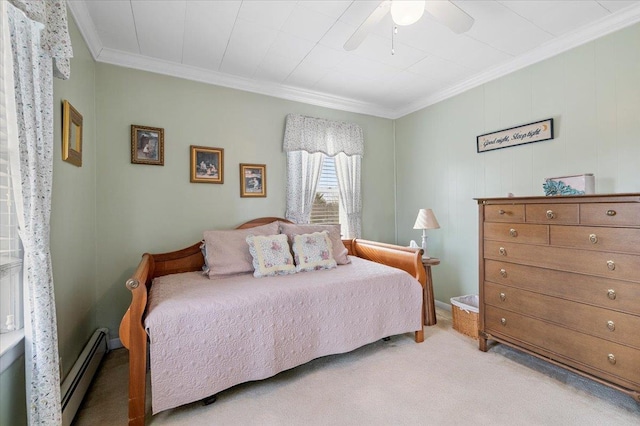 bedroom featuring a baseboard heating unit, light carpet, ornamental molding, and a ceiling fan