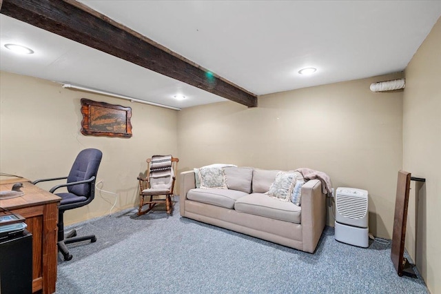 carpeted office with beam ceiling and recessed lighting